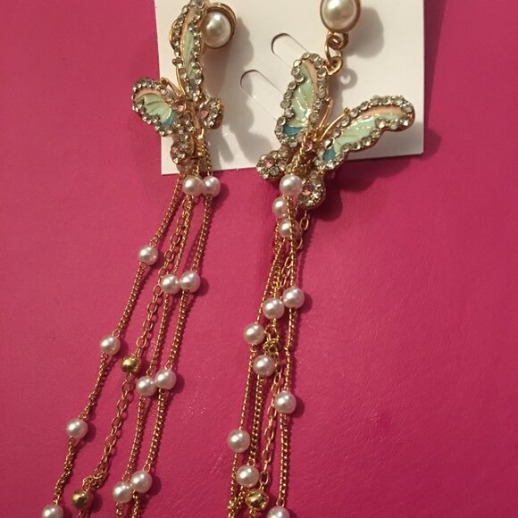 Betsey Johnson Butterfly Sparkle Rhinestone Earrings - Dangle Style Draw5 - Picture 1 of 5
